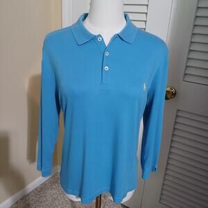 Ralph Lauren Sport Women's Large Aqua Long-Sleeved Polo 100% Cotton Yellow Logo